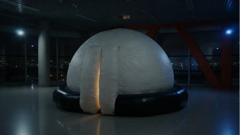 Cúpula blanca de 5 m del planetario móvil montada en interior